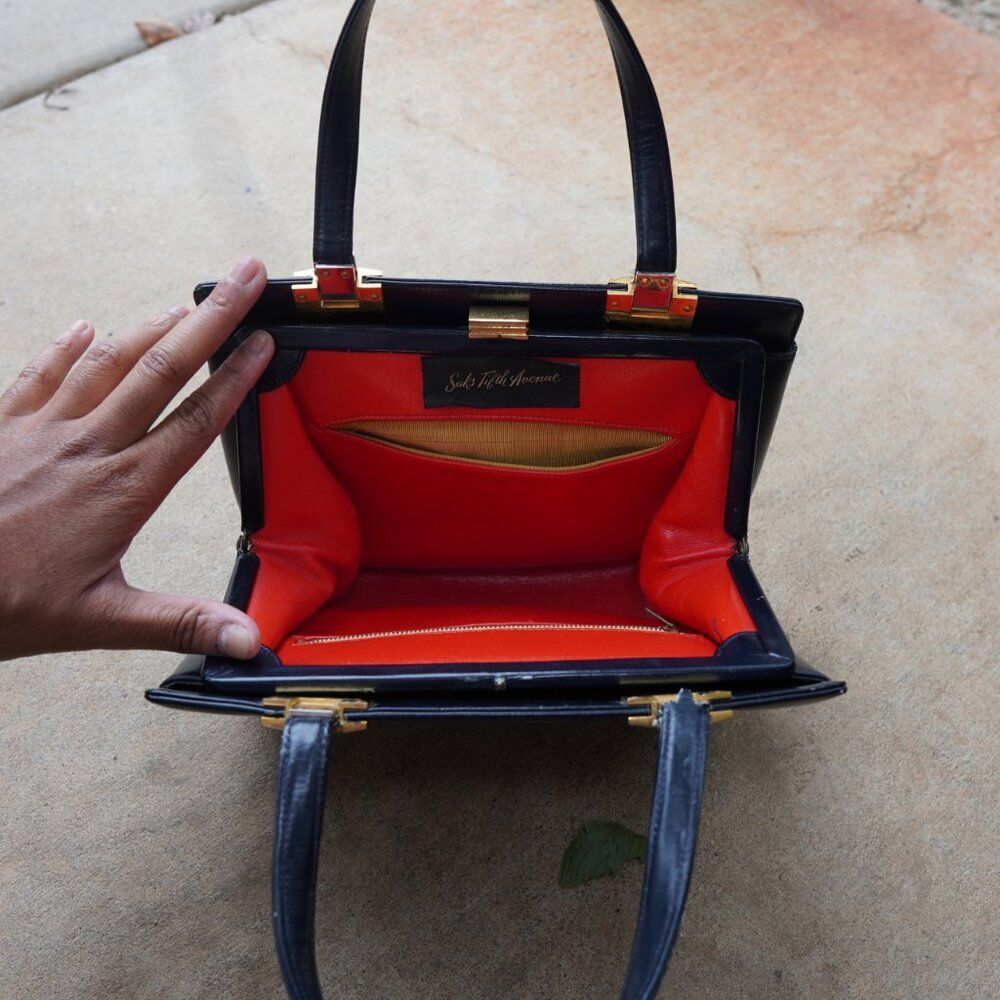Vintage Saks Fifth Avenue Leather Handbag 50s Navy Blue Red Frame Top Handle VTG